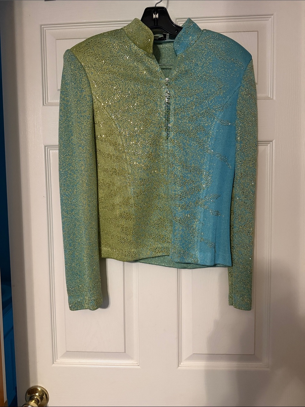 St. John Two-Tone Sparkle Button-Front Jacket in Green & Blue